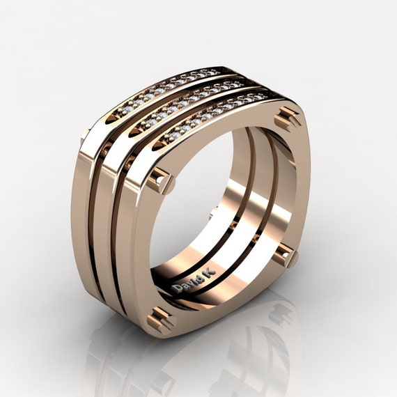 Mens Modern Italian 14K Rose Gold Diamond Ring B1015-14KRGD