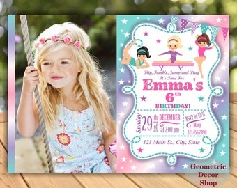 GYMNASTIC Birthday Invitation Printable Gymnastics Gymnastic Invite Party Printable DIY Girl Pink Aqua Green Purple Photo Photograph BDG13
