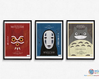 Studio Ghibli Totoro, Mononoke, Spirited Away Poster Art 3 Print set