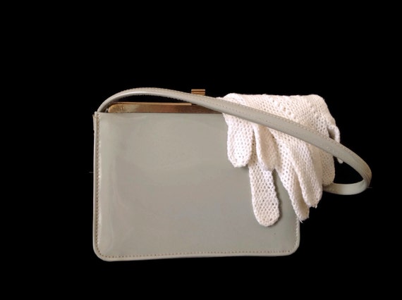 Vintage Patent Leather Handbag Light Grey with a Top Handle