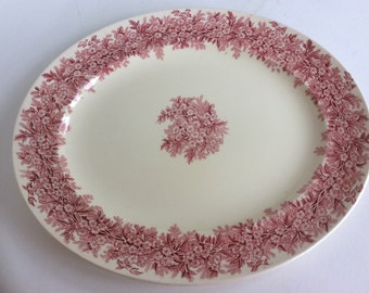 Vintage English redware porcelain platter in red ivory white floral platter in Hawthorne pattern by B and L Burslem, England. Redware