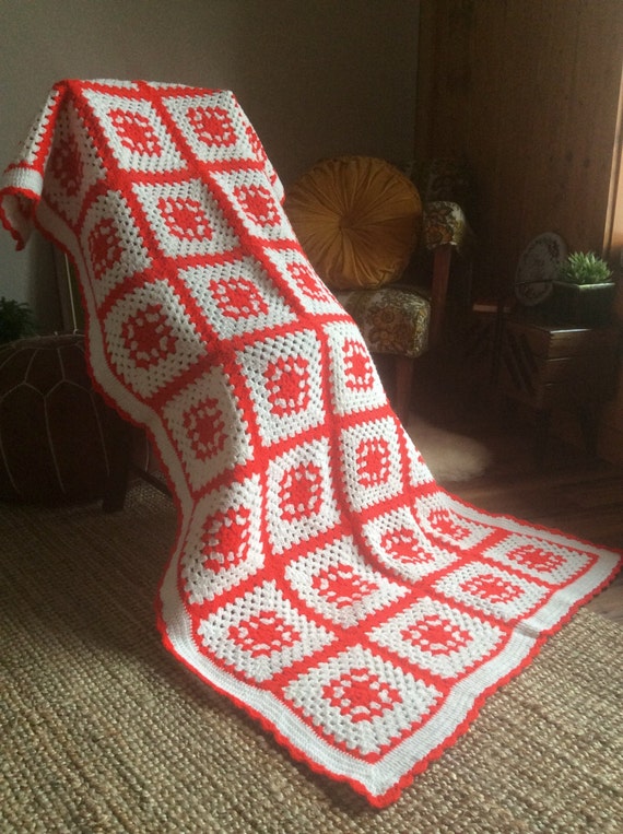 Vintage Red and White Granny Square Hand Crocheted Afghan Lap