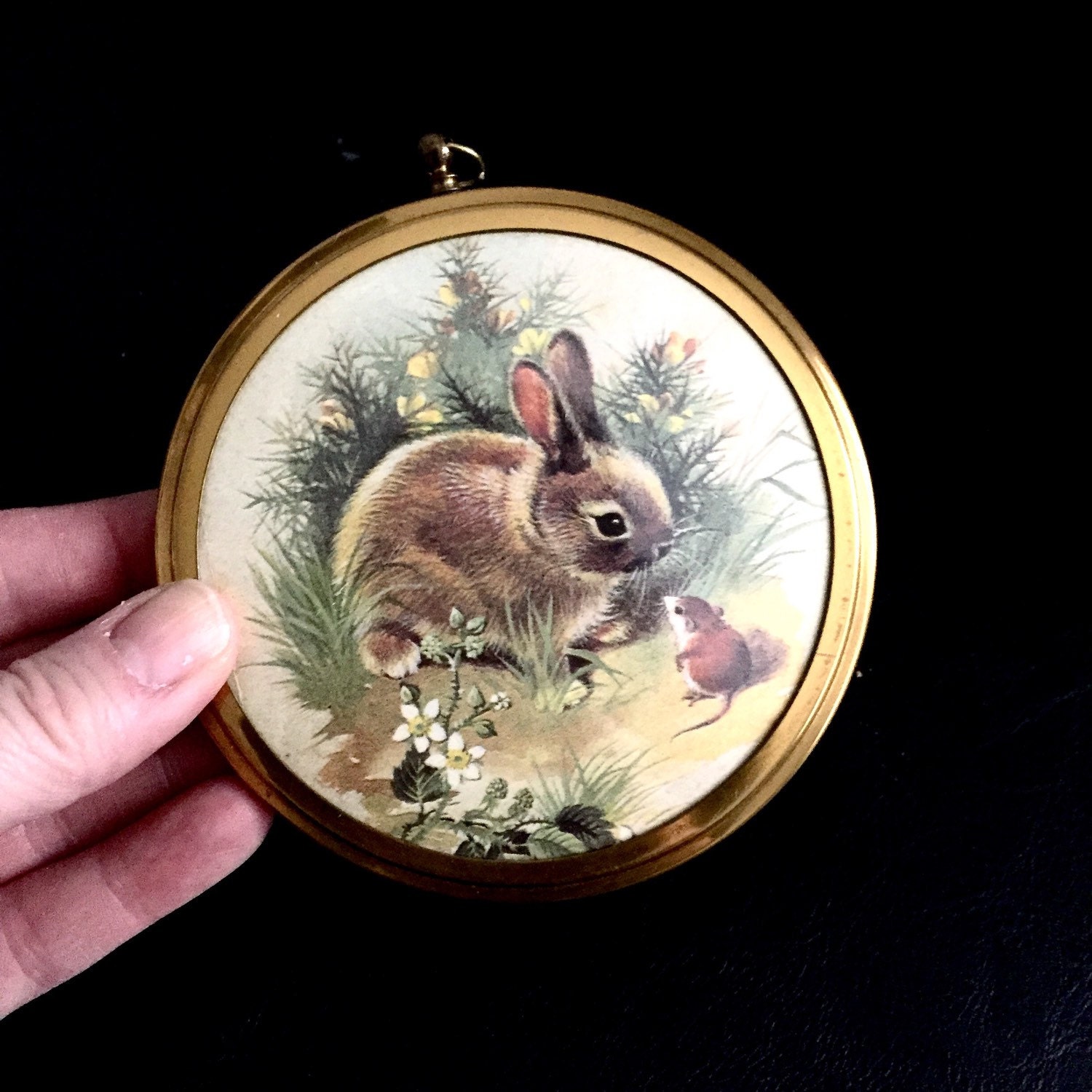 SALE Vintage art framed animal bunny print rabbit picture