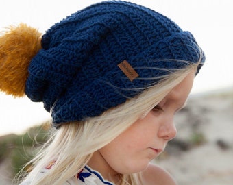 Seedling Slouch • Cotton slouch crochet beanie with mohair pom pom for kids or adults (winter hat)