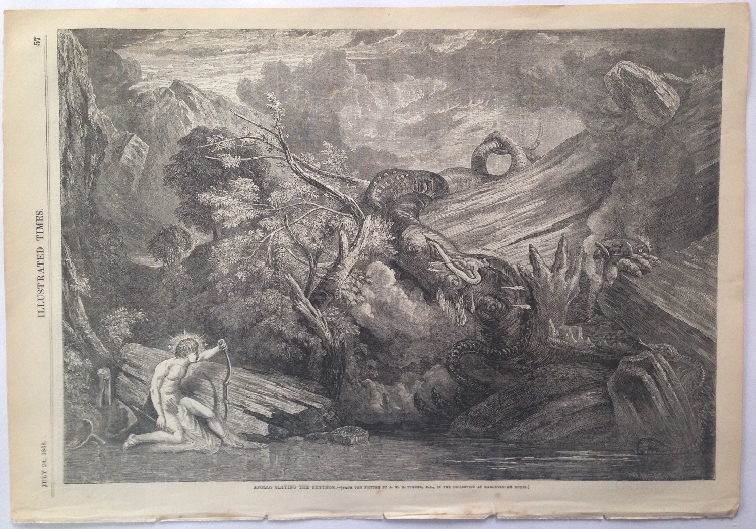 1858 Apollo slaying the Python, original antique print, engraving from ...