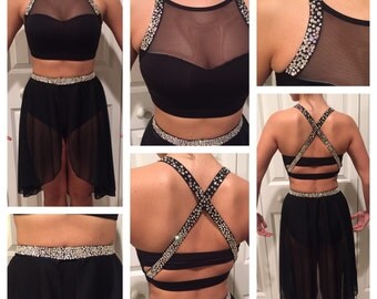 Custom Dance Costume Solo Contemporary Lyrical Jazz Black Mesh Swarovski 3 Pieces Adult Dance Costume competition ballet