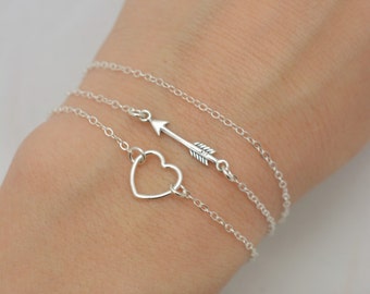 Sterling Silver Bracelet Set, 3 Bracelet Set, Tiny Arrow Bracelet, Floating Heart Bracelet, Layered Bracelet Set, Gift for Her 0384