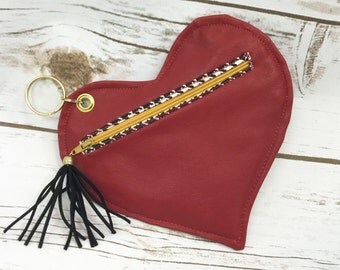 Ivory Heart Coin Purse key ring key chain red leather mini