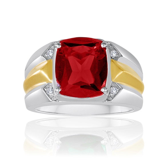 Antique Cut Ruby Ring Men's Red Gemstone Ring Two Tone