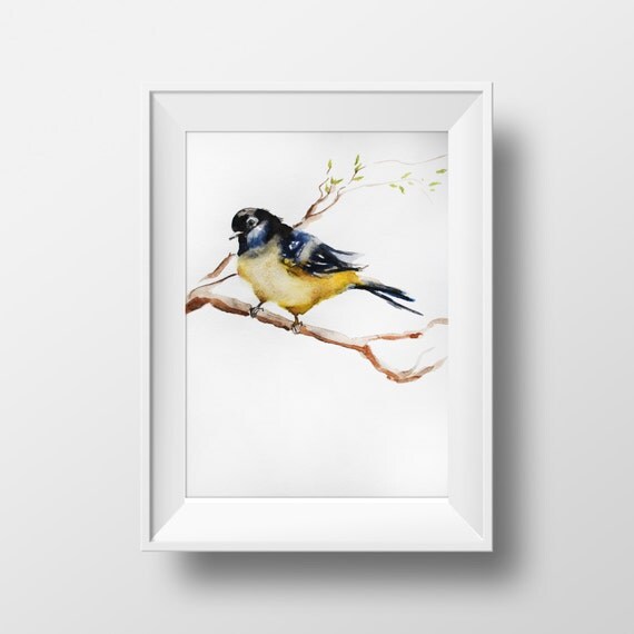 Print of Watercolor Painting Bird on a branch gift for her