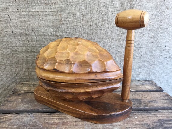 GIANT WOODEN NUTCRACKER - Vintage Novelty Nut Cracker with Hammer / Almond Shaped Carved Wood Nutcracker / Quirky Fathers Day Gift Idea