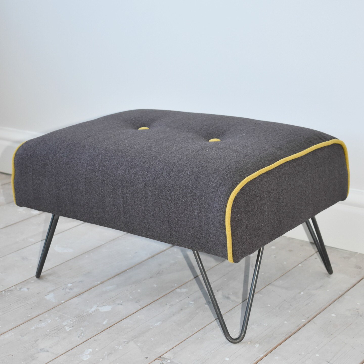 MidCentury Style Hairpin Leg Footstool Upholstered in Grey