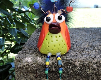 Bird Sculpture Whimsical Looney Bird Polymer Clay Figurine with Beads and Fluffy Feathers