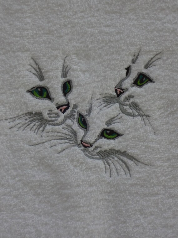 Embroidered Cats Bath Towel Set done with White Towels and