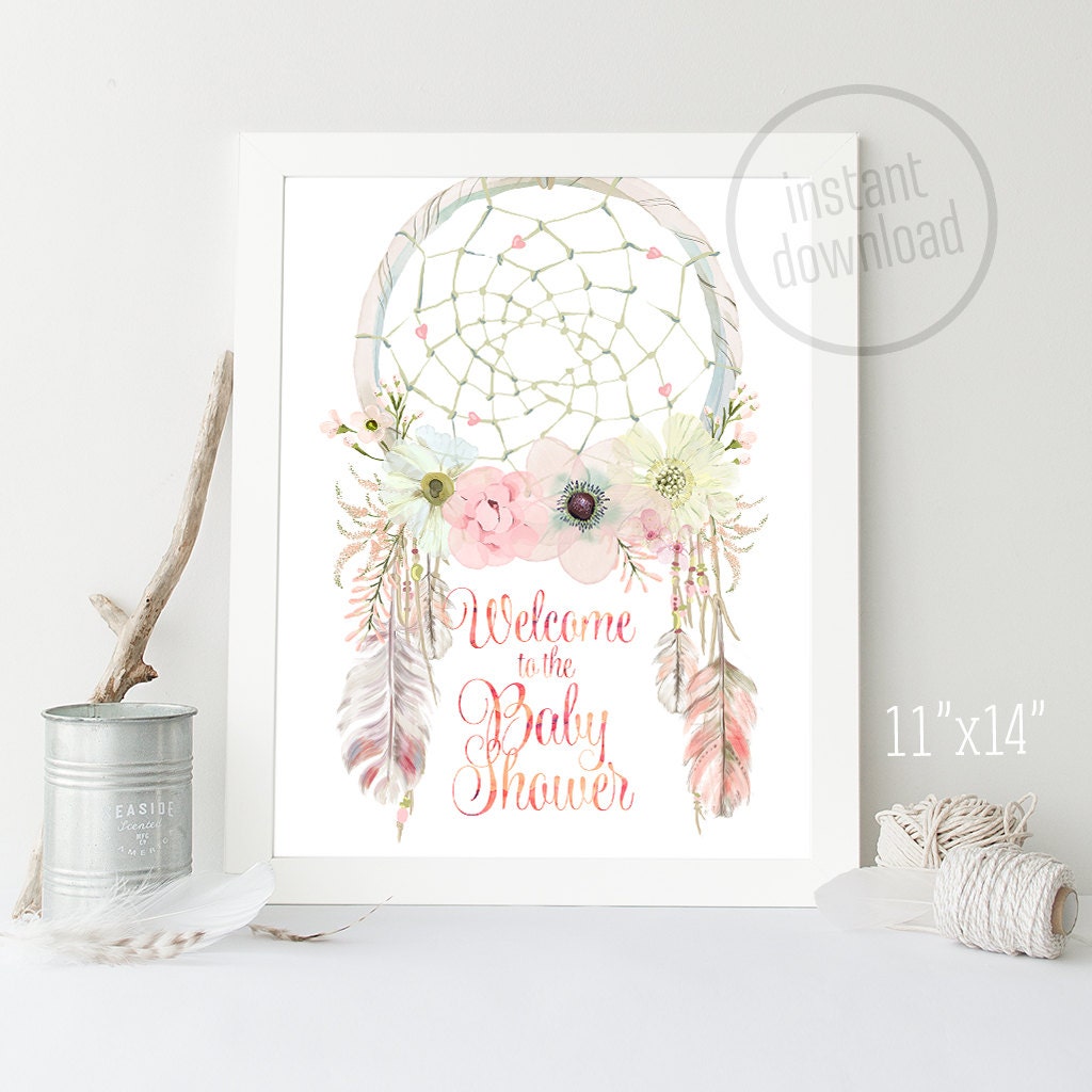 wreath baby shower shower baby Welcome catcher tribal dream watercolor 11x14 sign