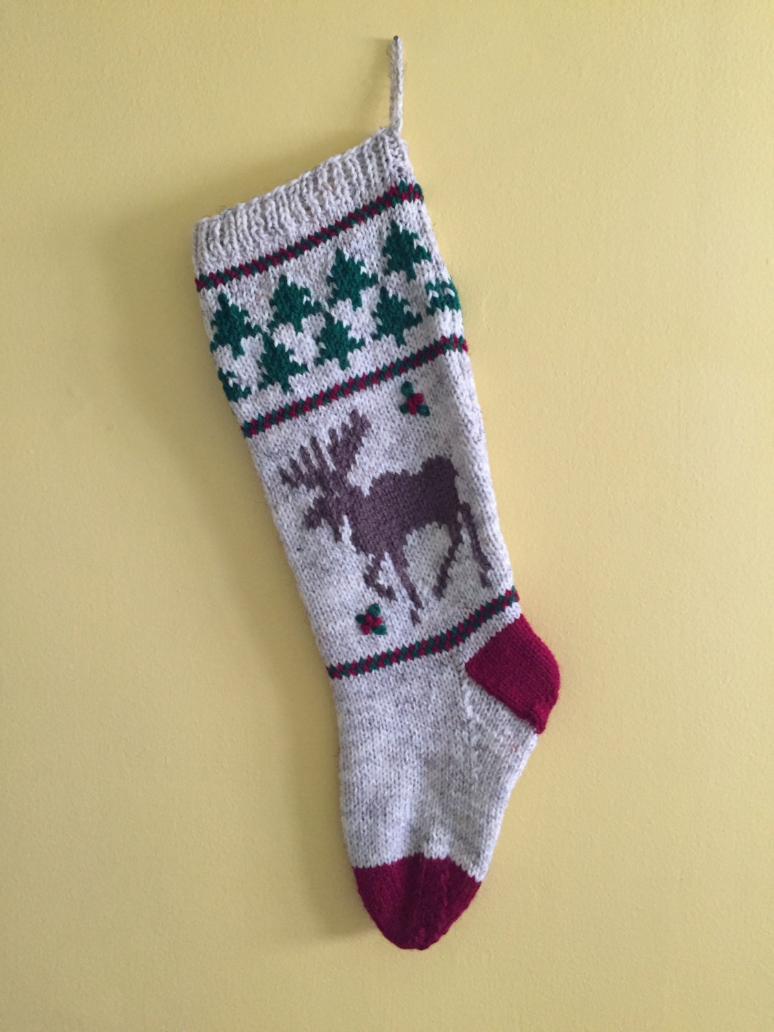 Hand Knit Moose Holiday Christmas Stocking By Grammyrosiecrafts 3851