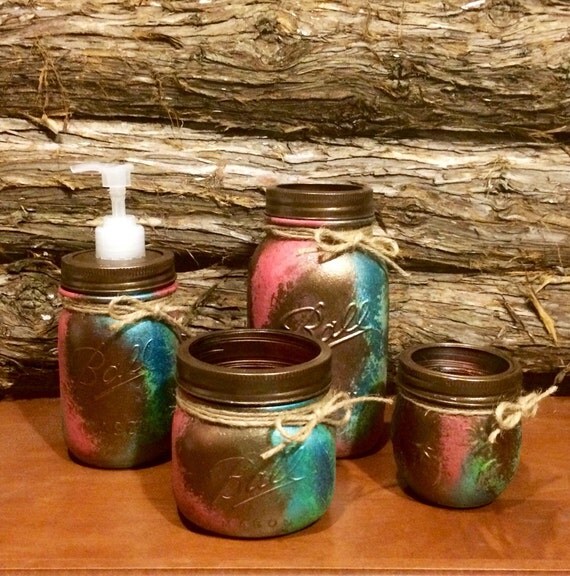 Office Mason Jar Set Bronze Coral And Teal By