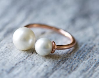 Rose Gold Plated Adjustable Pearl Ring, Round Pearl Cuff Ring, Dainty Ring, Minimalist Ring, Gift for Her