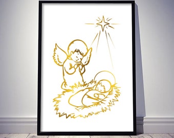Christian Printable Art Infant Jesus Angel Gold White Print Christian Holiday Decorations Noel Decor Xmas Digital Art / Instant Download