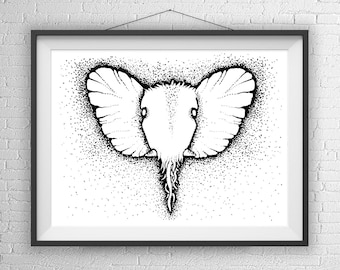 Elephant Head Art Print Illustration, Pen and Ink, Fantasy Art