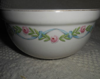 Hall China "WILDFIRE" Kitchenware Thick Rim Bowl Pink Roses & Blue Ribbons 1940s - 1950s