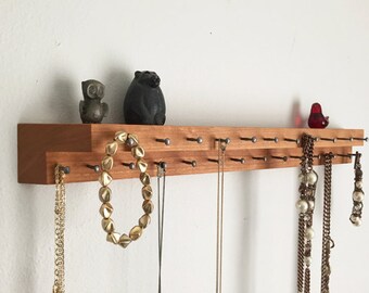 Cherry Wood Jewelry Storage Necklace Holder Display Shelf Modern Organizer Handmade