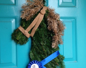 HORSE HEAD WREATH, Horse Wreath, Western Wreath, Barn Wreath, Front Door Wreath, Barn Decor, Western Decor, Blue Ribbon Horse Head Wreath,