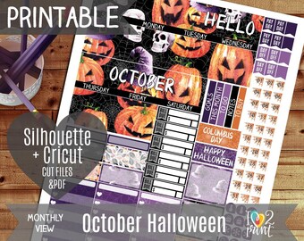 October Halloween Monthly View Printable Planner Stickers, Erin Condren Planner Stickers, Monthly Overview Stickers, Watercolor CUT FILES