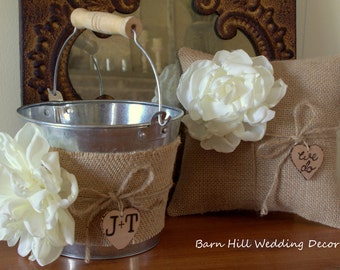 Ring Bearer Pillow, Flower Girl Basket, Rustic Wedding, Ivory & Burlap, Wedding Ring Pillow, Rustic