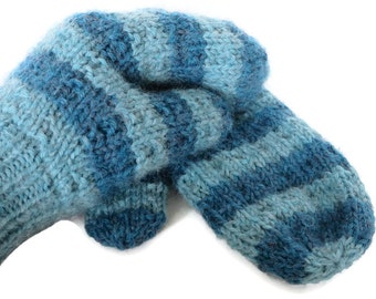 HAND KNIT Teal MITTENS / Hand knit mittens / Handmade Mittens / Two Tone Mittens / Blue Mittens / Striped Mittens (Mitt104)