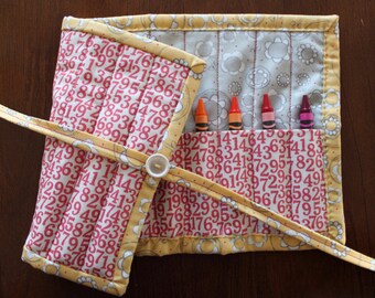 Pink Crayon Roll, Numbers, Noteworthy, Gray, Cream, Flowers, Crayon Holder, Crayon Tote, Handmade, Girl, Crayon Roll Up, Lucy's Crab Shack