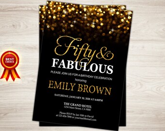 Surprise 50th birthday invitation for women. Gold Glitter Fifty and Fabulous Golden 50. 50th Birthday Party Invitation Printable invite