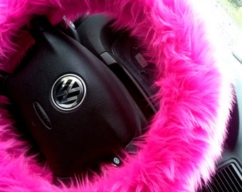 Hot Pink Fuzzy Steering Wheel Cover, Car accesories, Fuzzy Car Accessories, Faux Fur Steering Wheel Cover
