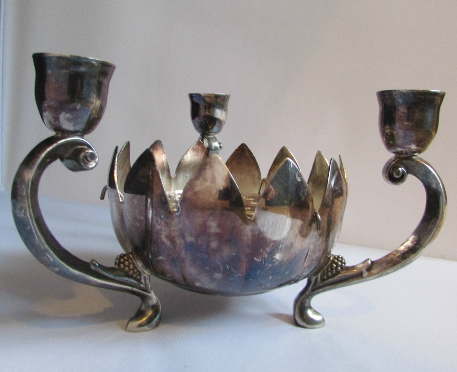 Vintage Leonard Silverplate Lotus Flower Bowl & Candle Holder