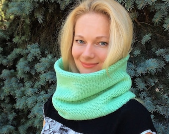 Hand knit scarf hood cowl scarf mint green color wool scarf neck warmer knit infinity scarf knit snood hooded scarf gift for her cowl hood