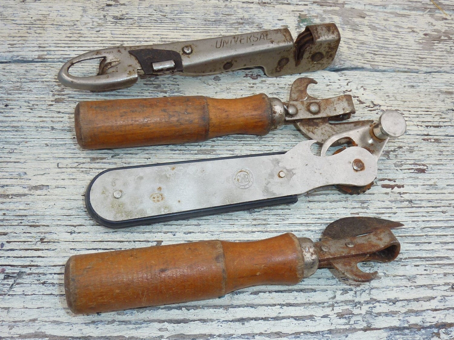 4 Vintage Can Bottle Openers Universal Corkscrew Wooden Handle