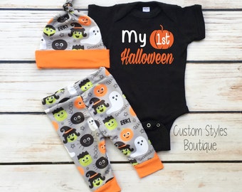 Baby Boys First Halloween Outfit, Black Infant Bodysuit, Grey And Orange Leggings And Hat, Baby Boy Halloween Outfit Set, My 1st Halloween