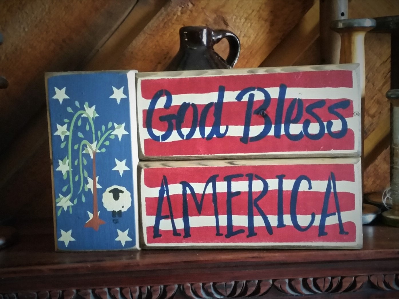 Primitive Americana Wood Block Sign