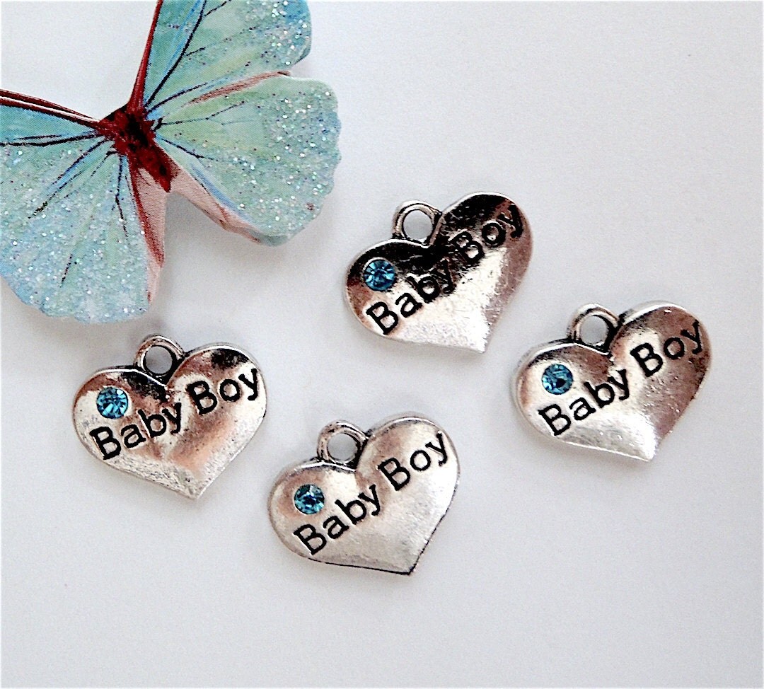 4 Antiqued Silver Baby Boy HeartShaped Charms by charmslamour