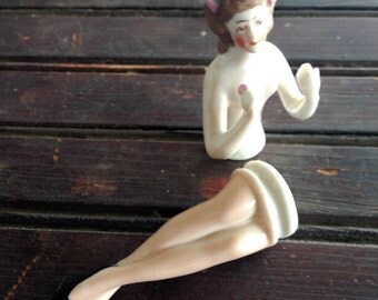 Porcelain Pin Cushion Doll With Legs | Elegant Vintage China Doll Arms Away | Holding a Rose | Germany