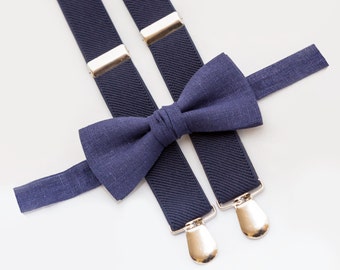 Navy Blue Bow Tie & Navy Blue Suspenders, Wedding Necktie, Boys Bow Ties Suspenders
