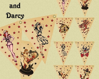 SAILOR JERRY BUNTING, party flags, digital download, tattoo, rockabilly pennants