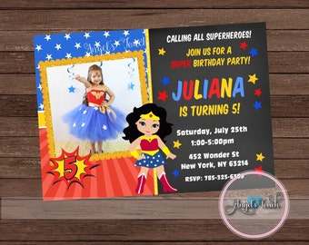Wonder Woman Party Invitation, Wonder Woman Invitation with Photo, Wonder Woman Birthday Invitation, WW Party Invitation, Digital File.