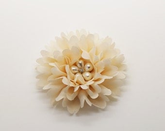 3" Ivory Chiffon Flower with Pearl Flower Button, Headband Flower, Fabric Flower.