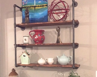 Wall unit Three Shelf Industrial - 24" Wide Wood and Pipe Shelving Unit - Farmhouse Rustic Wall Shelves