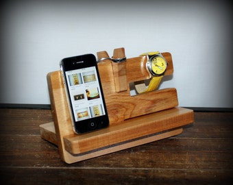 Docking Station, READY to SHIP Phone Stand, Charging Station Valet Nightstand Organization, Glasses Holder, NATURAL, Father's Day Gift