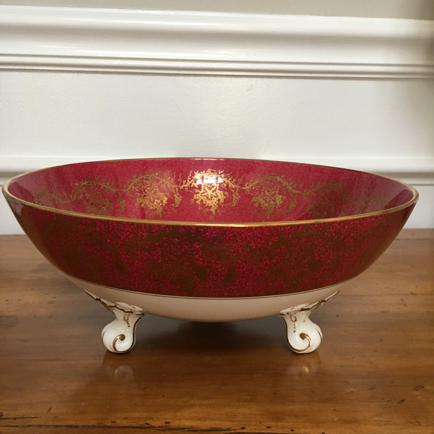 Bone China Bowl Coalport Large Maroon Footed Serving Bowl