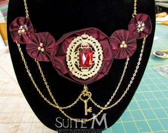 OOAK Royal Red Handsewn Fabric Flower Statement Necklace