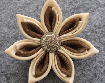 Cream/Lt. Coffee Flower Pin/Brooch-Satin/Grosgrain Ribbon Pin-Handmade Flower Pin-Kanzashi Pin-Unisex Lapel Pin-Makes A Special Gift!