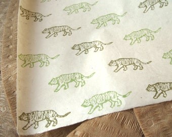 Green Tiger Pattern Woodblock Printed Lokta Paper Sheet 20x30 inches